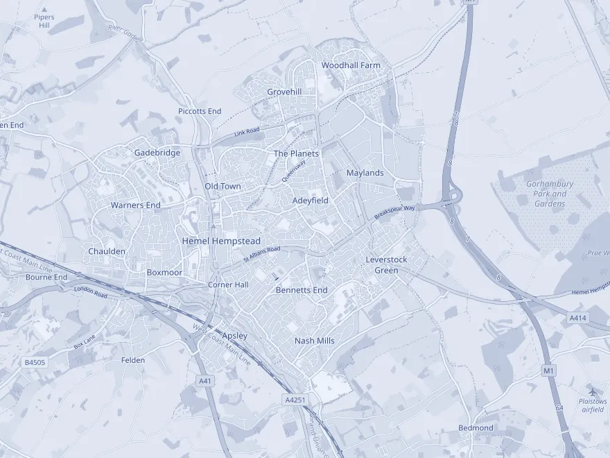 Map of Hemel Hempstead showing the Old Town, Boxmoor, Apsley, Nash Mills, Leverstock Green, Adeyfield, Bennetts End and the other neighbourhoods